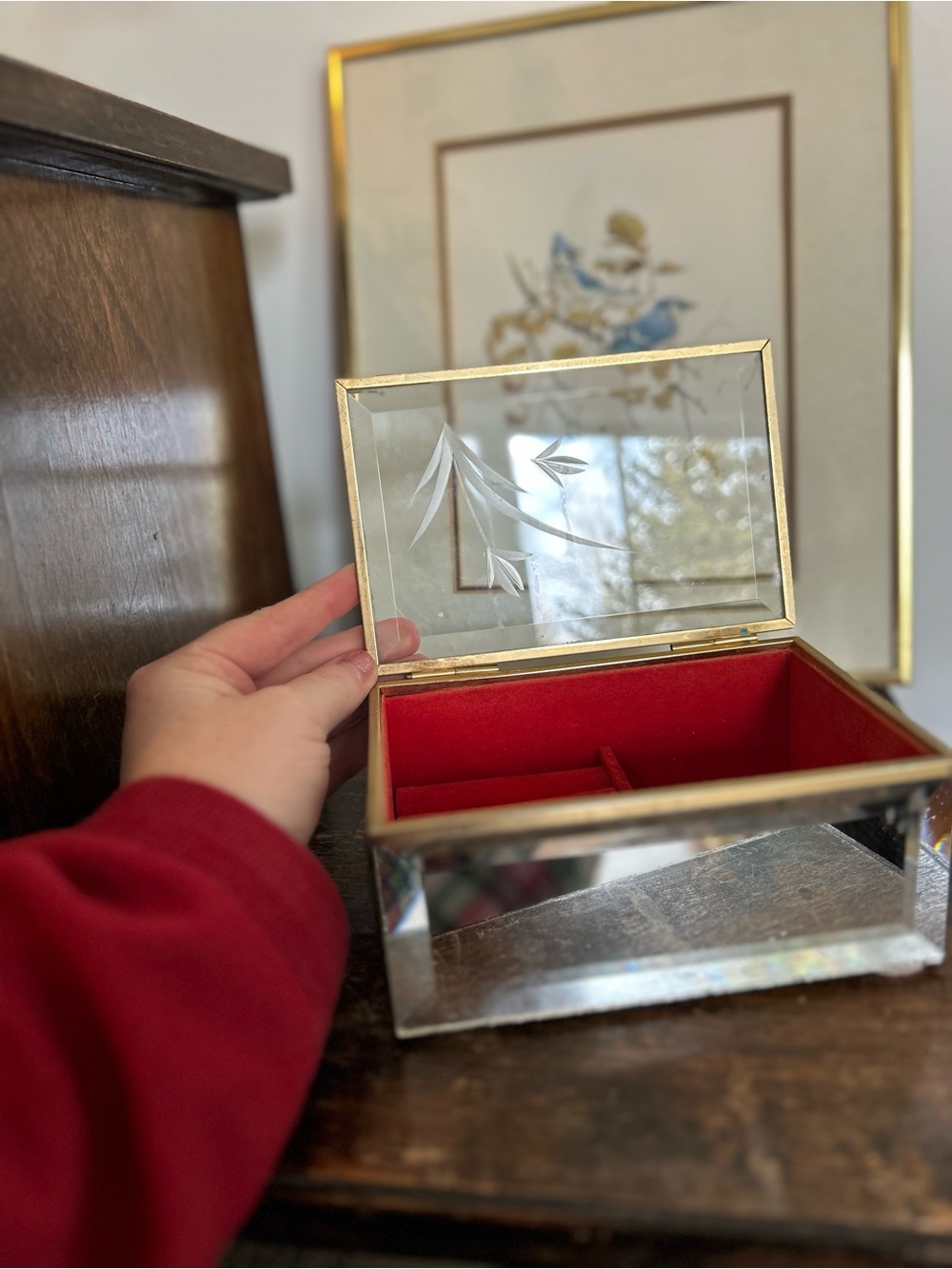Vintage Glass Trinket Jewelry Box, Etched Lid and Red Velvet Interior, Mirrorred